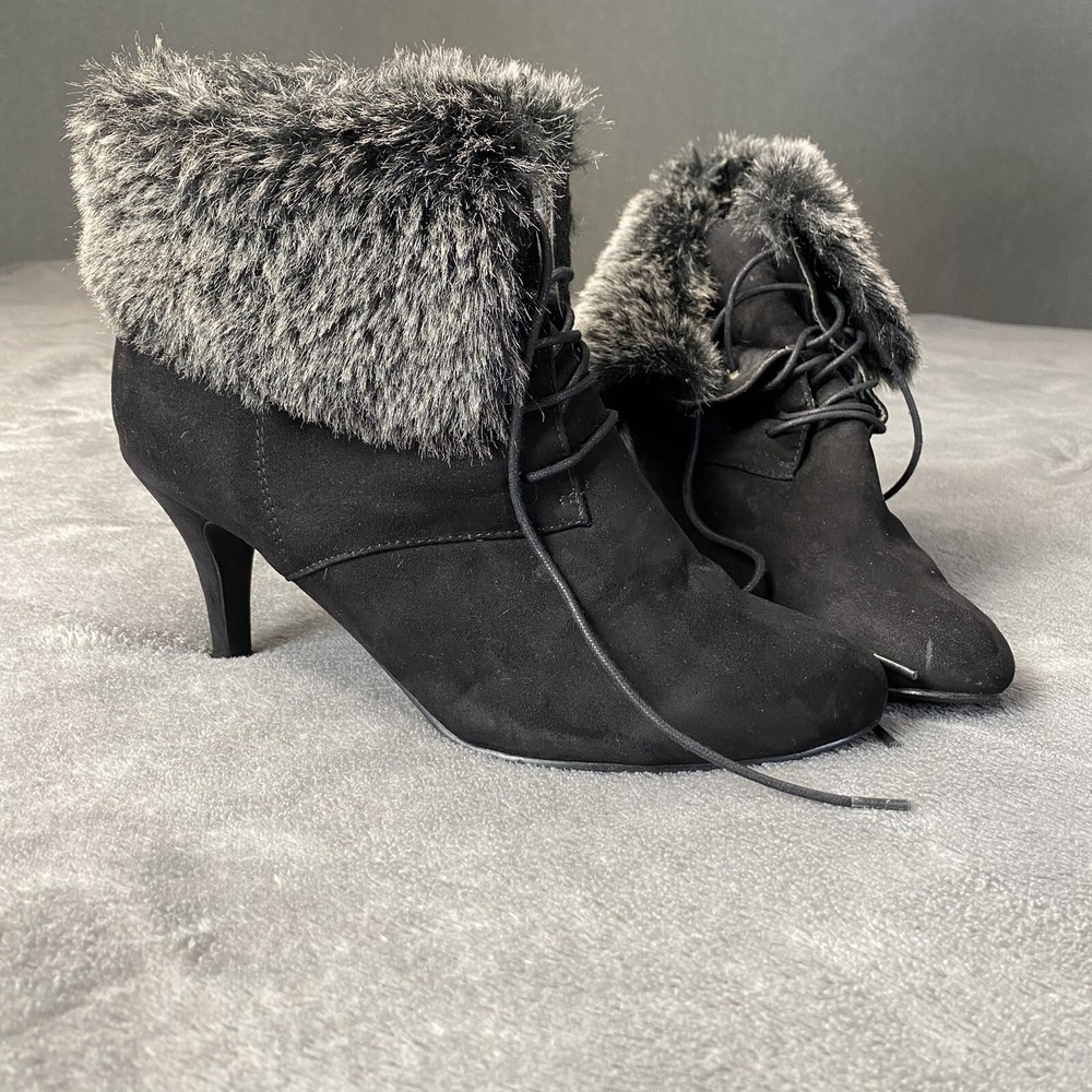 Ashro Boots Womens Size 8.5 Ankle Stiletto Black Suede‎ Fur Trimmed High Heel